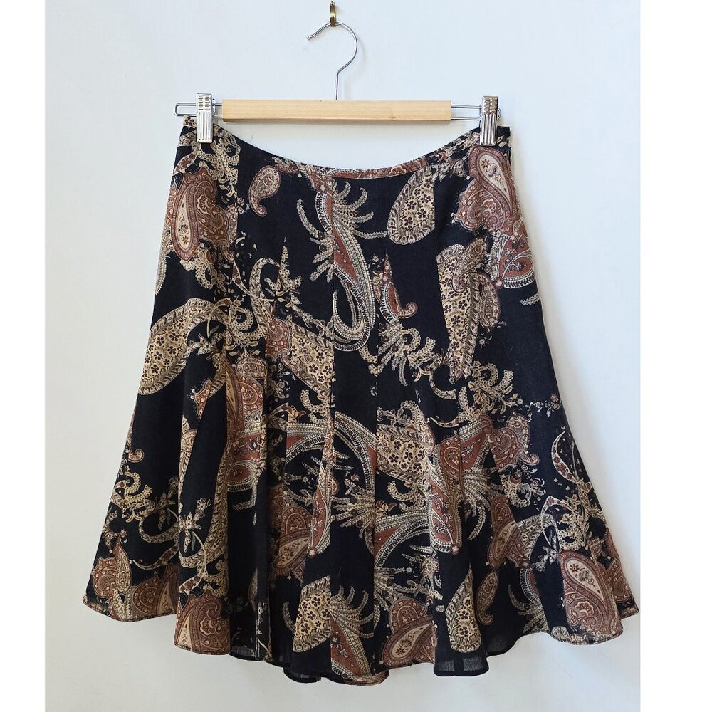 Vintage Anne Klein Paisley Lighweight Wool Skirt: 90s Flared A-Line Godet Size 6